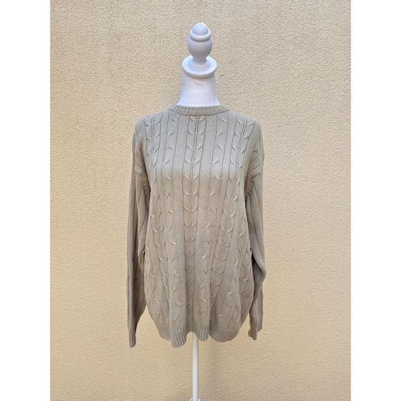 Oscar de la renta crew neck cotton cable knit ecru natural taupe cottosweater